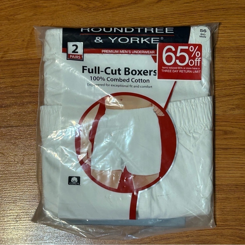 Roundtree & Yorke Boxers Big Man Size 56 Full-Cut 100% Combed Cotton White NEW